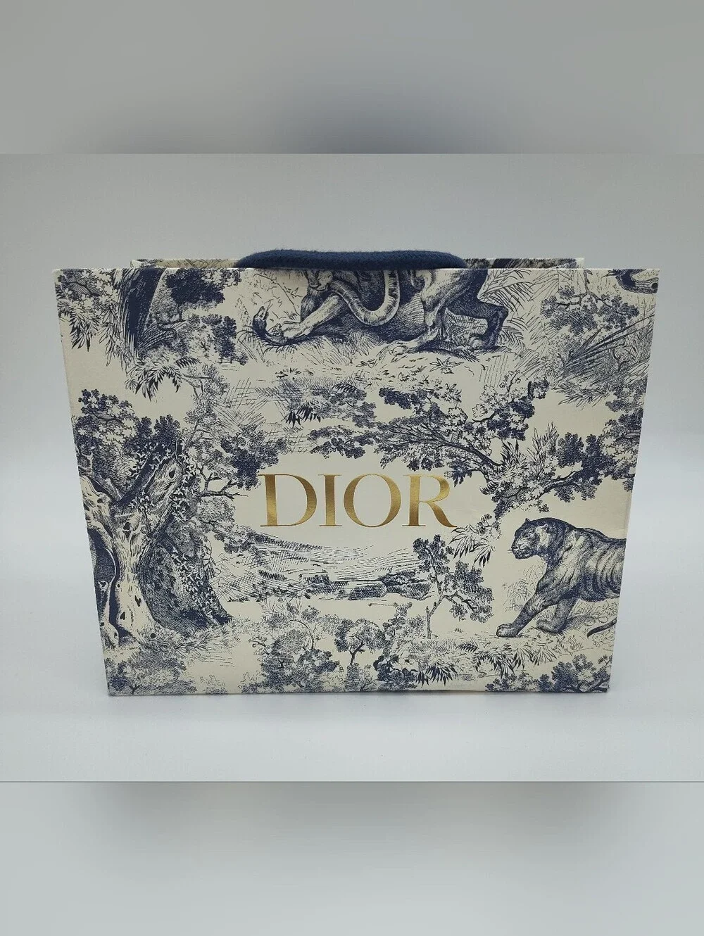 DIOR Toile Jungle Navy Gift Bag Gold Logo Boutique Packaging Tiger Medium EUC